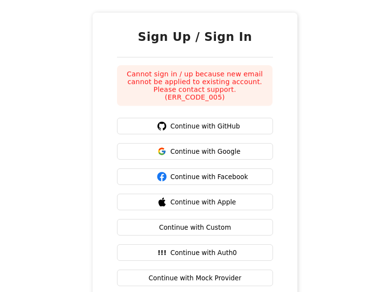 Pre-built UI screenshot showing error message for ERR_CODE_005.