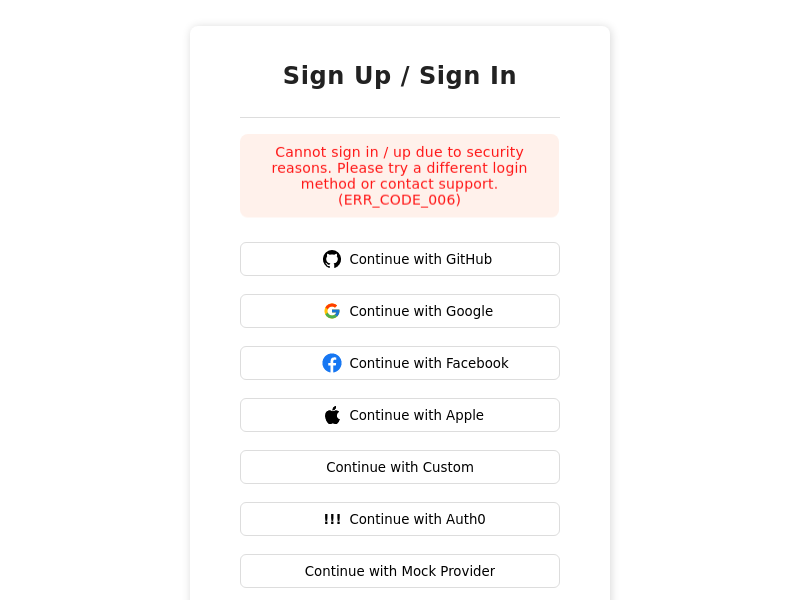 Pre-built UI screenshot showing error message for ERR_CODE_006.