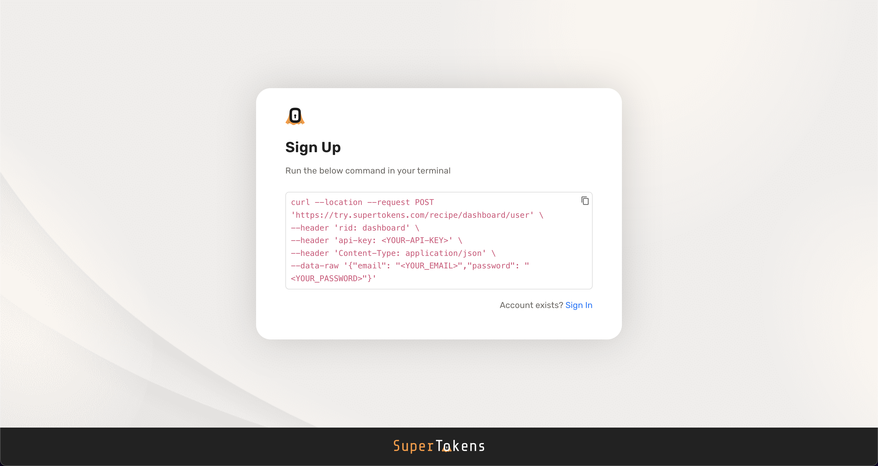 Dashboard sign up screen UI