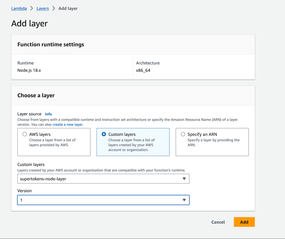 Link custom layer with Lambda function Node