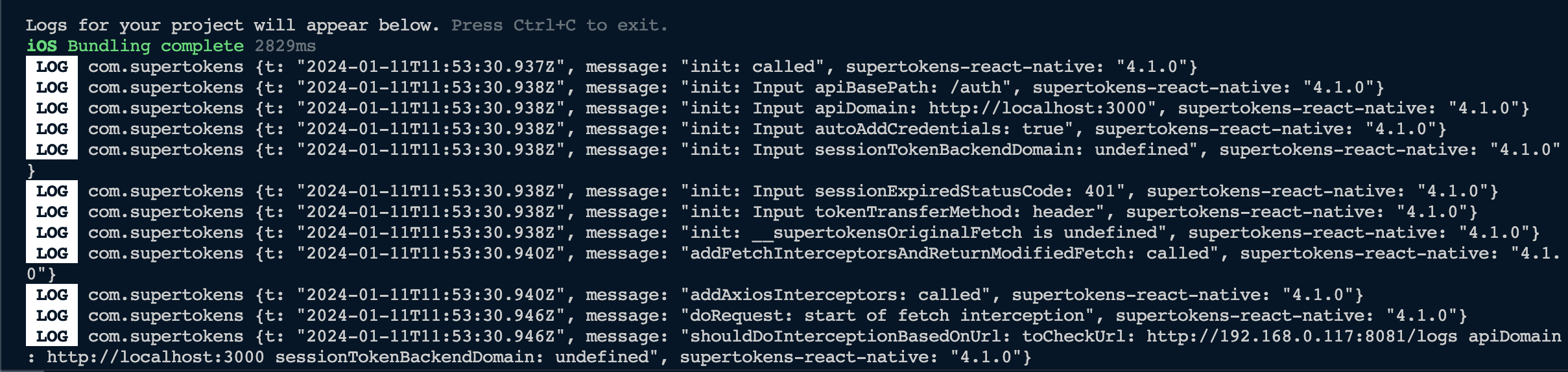 React Native debug logs